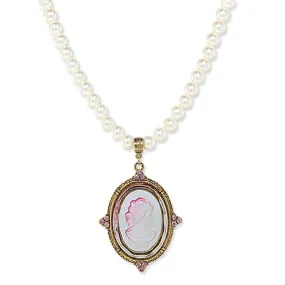 1928 Jewelry Crystal Oval Glass Intaglio 8mm Faux Pearl Strand Pendant Necklace 18"