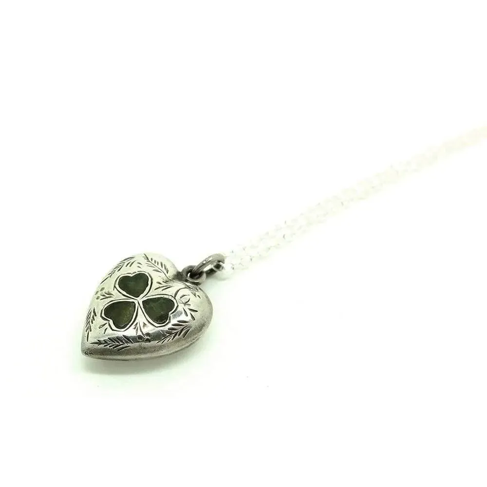 Antique Edwardian Connemara Marble Irish Love Heart Silver Necklace