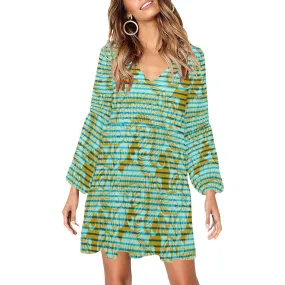 asian fish print V-Neck Loose Fit Dress (Model D62)