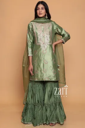 Bandhej  Silk Suit with Dori, Gota Patti, Pearl, Sequins, Zardozi work.