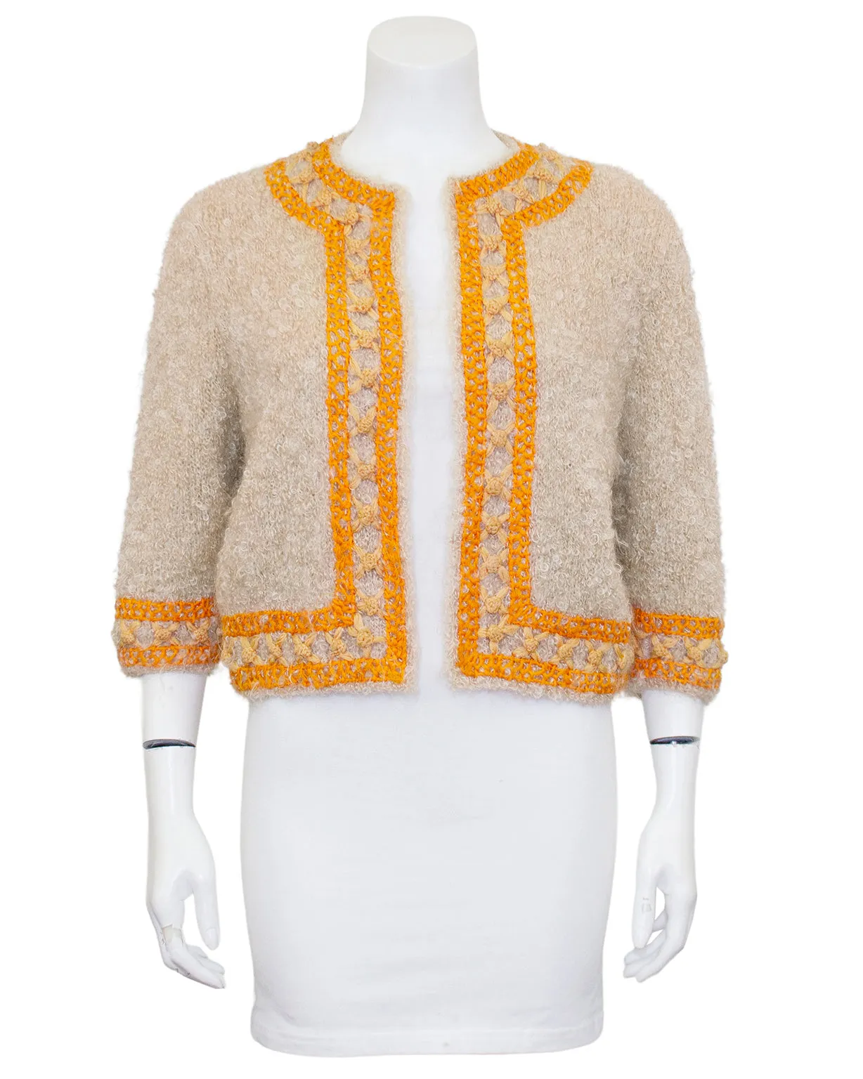 Beige & Orange Mohair and Embroidered 3/4 Sleeve Bolero/Cardigan