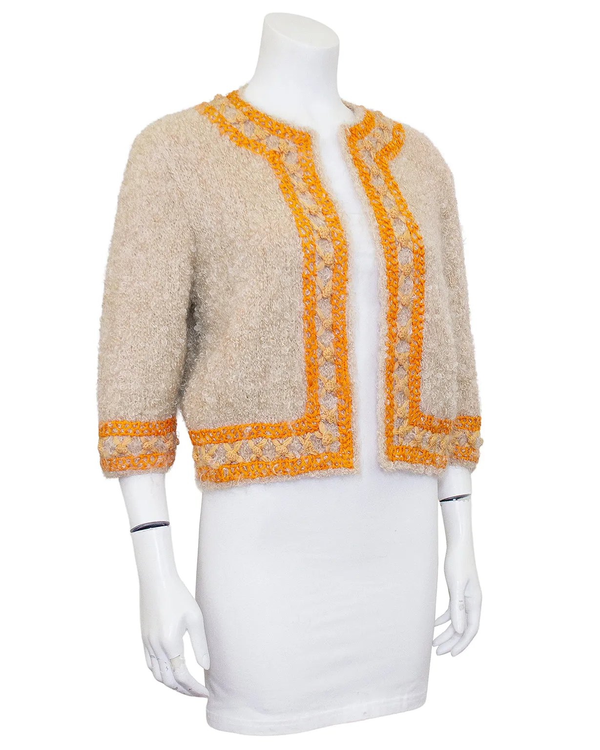 Beige & Orange Mohair and Embroidered 3/4 Sleeve Bolero/Cardigan