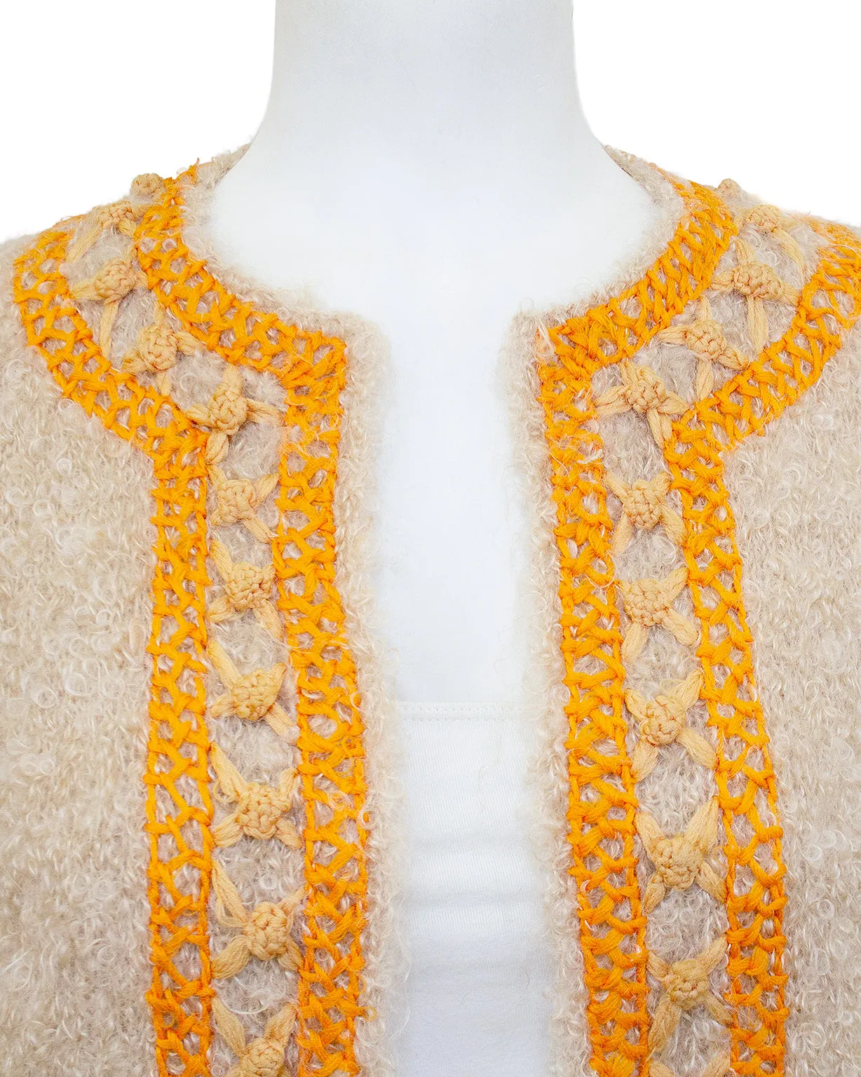 Beige & Orange Mohair and Embroidered 3/4 Sleeve Bolero/Cardigan