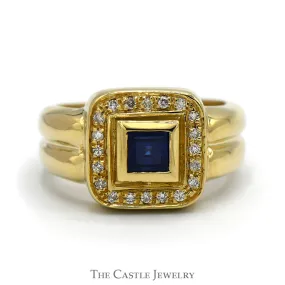 Bezel Set Square Sapphire Ring with Diamond Halo in 10k Yellow Gold