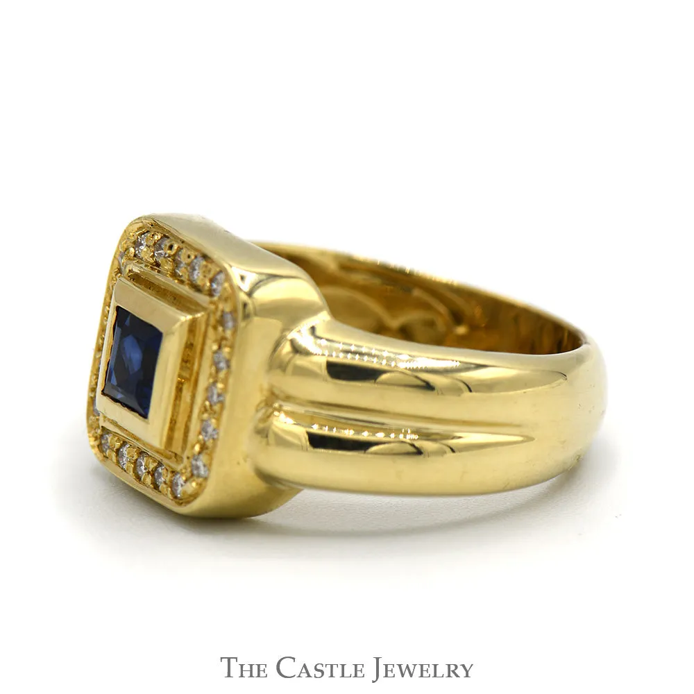 Bezel Set Square Sapphire Ring with Diamond Halo in 10k Yellow Gold