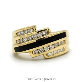 Black Onyx Inlay and Channel Set Diamond Bypass Ring in 14k Yellow Gold