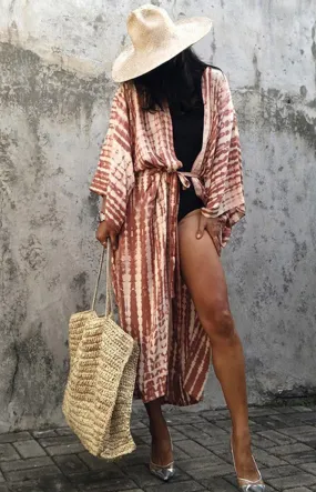 Bohemian striped Print V-neck batwing Sleeves Sashes Kimono, Kimono robe Ladies Boho Maxi Bikini Cover-up