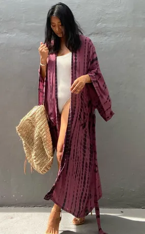 Bohemian striped Print V-neck batwing Sleeves Sashes Kimono, Kimono robe Ladies Boho Maxi Bikini Cover-up