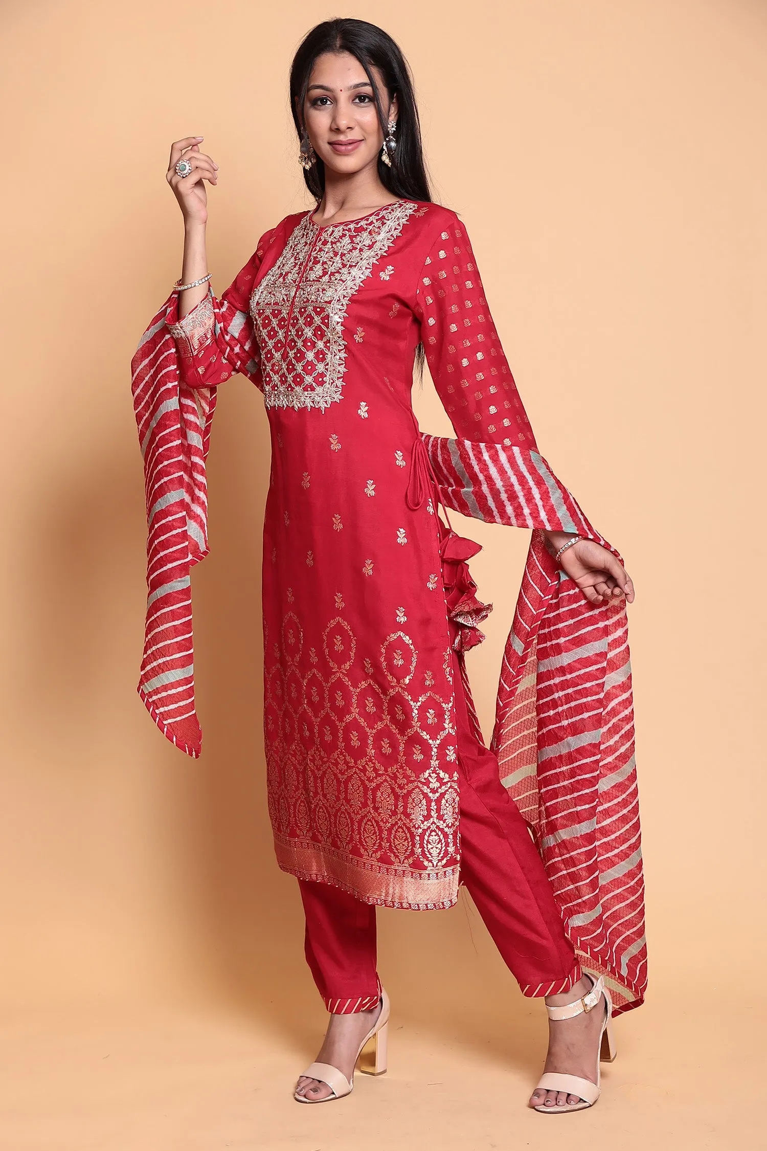 Chanderi Suit Stitched with Gota Patti work.