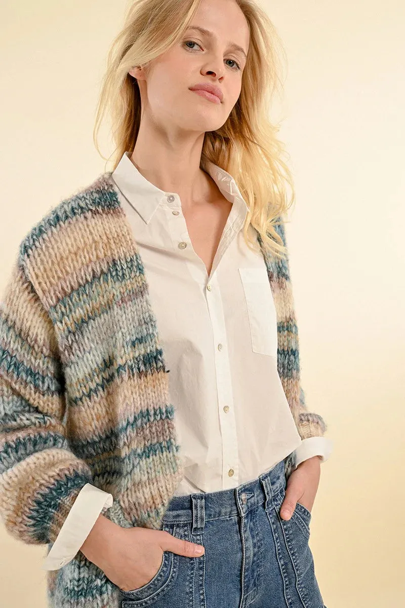 Chunky Knit Open Cardigan in Blue and Tan by Molly Bracken