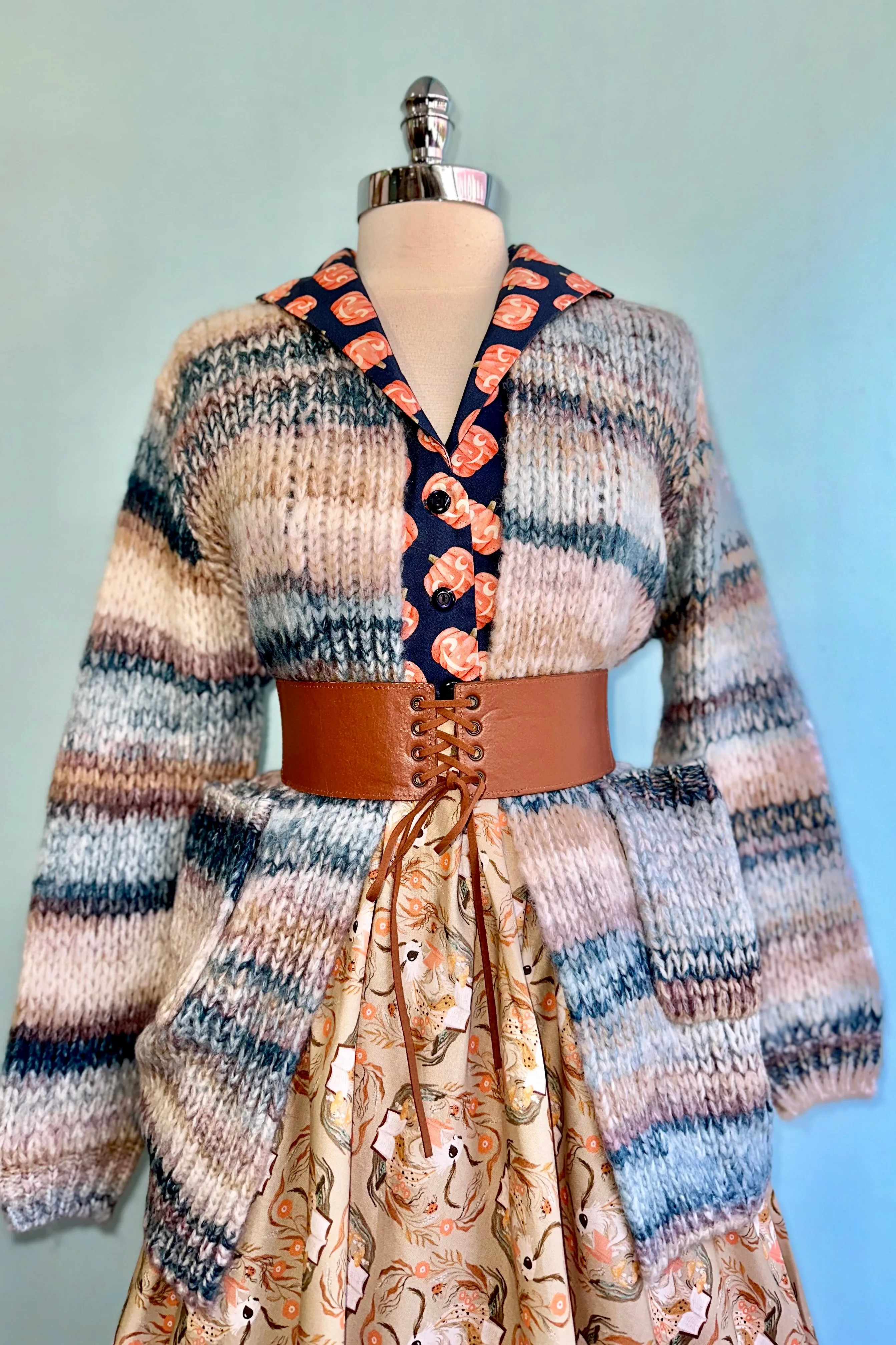 Chunky Knit Open Cardigan in Blue and Tan by Molly Bracken