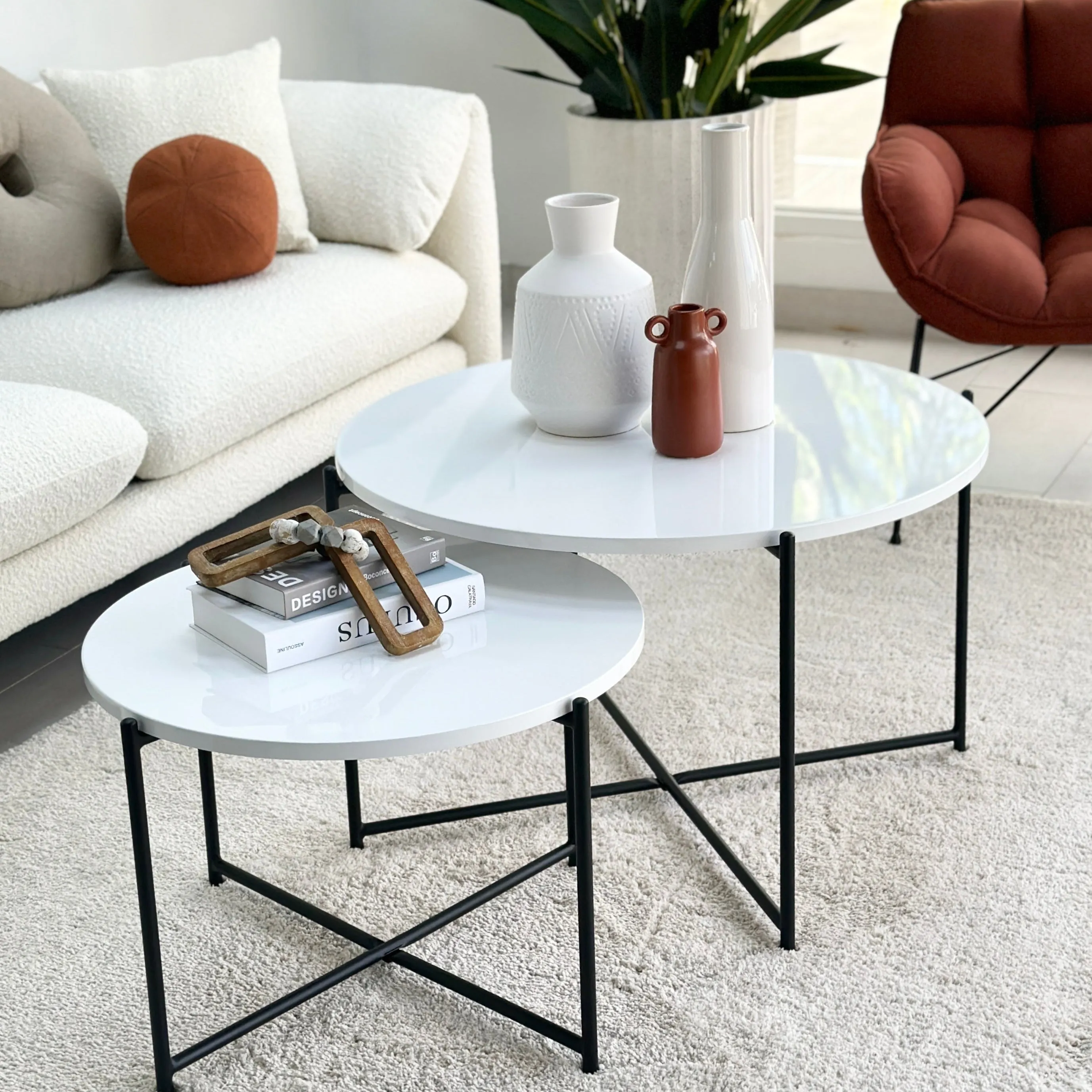 Criss Cross White Lacquer Top Coffee Table Set