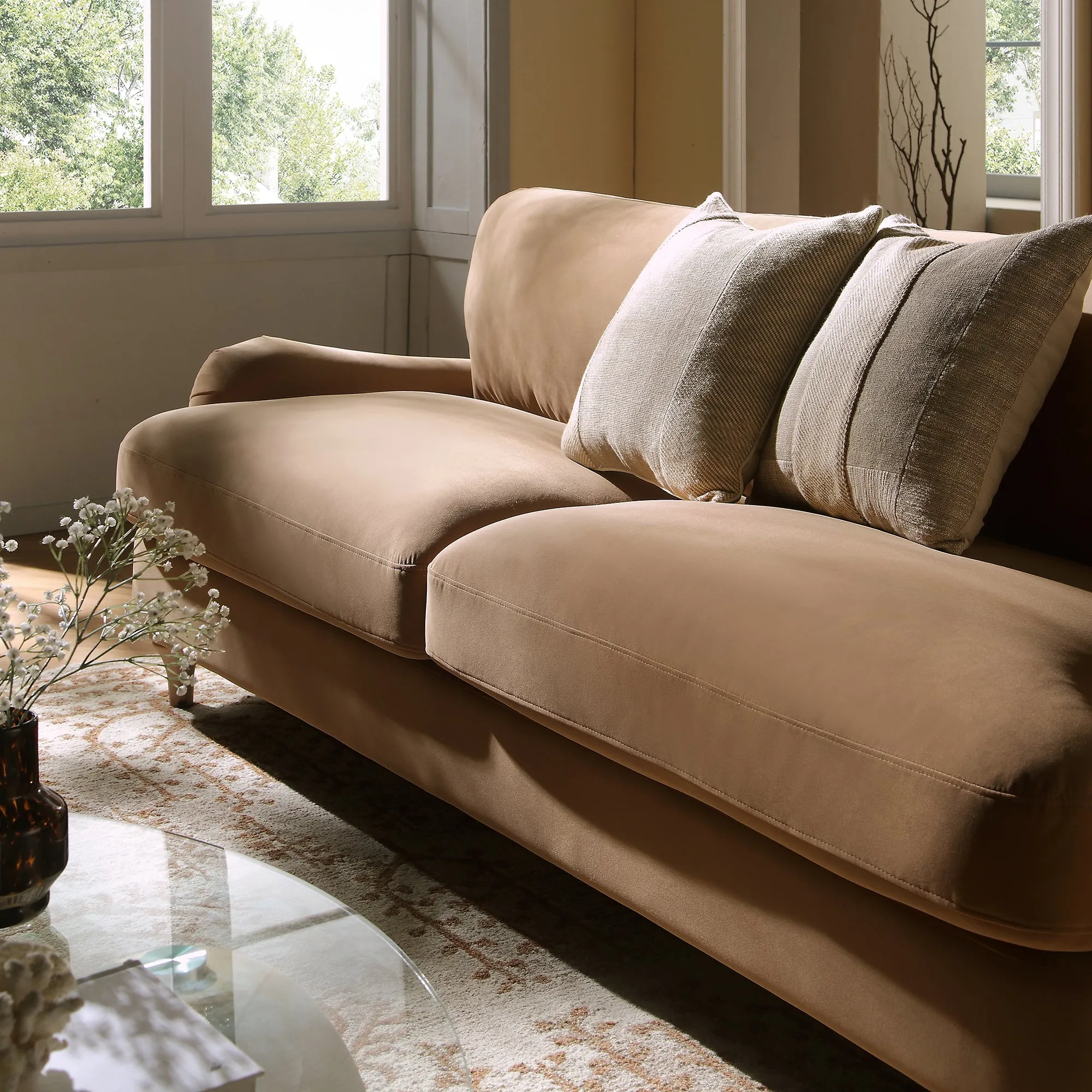 Daphnis Camel Velvet Sofa, 3-Seater