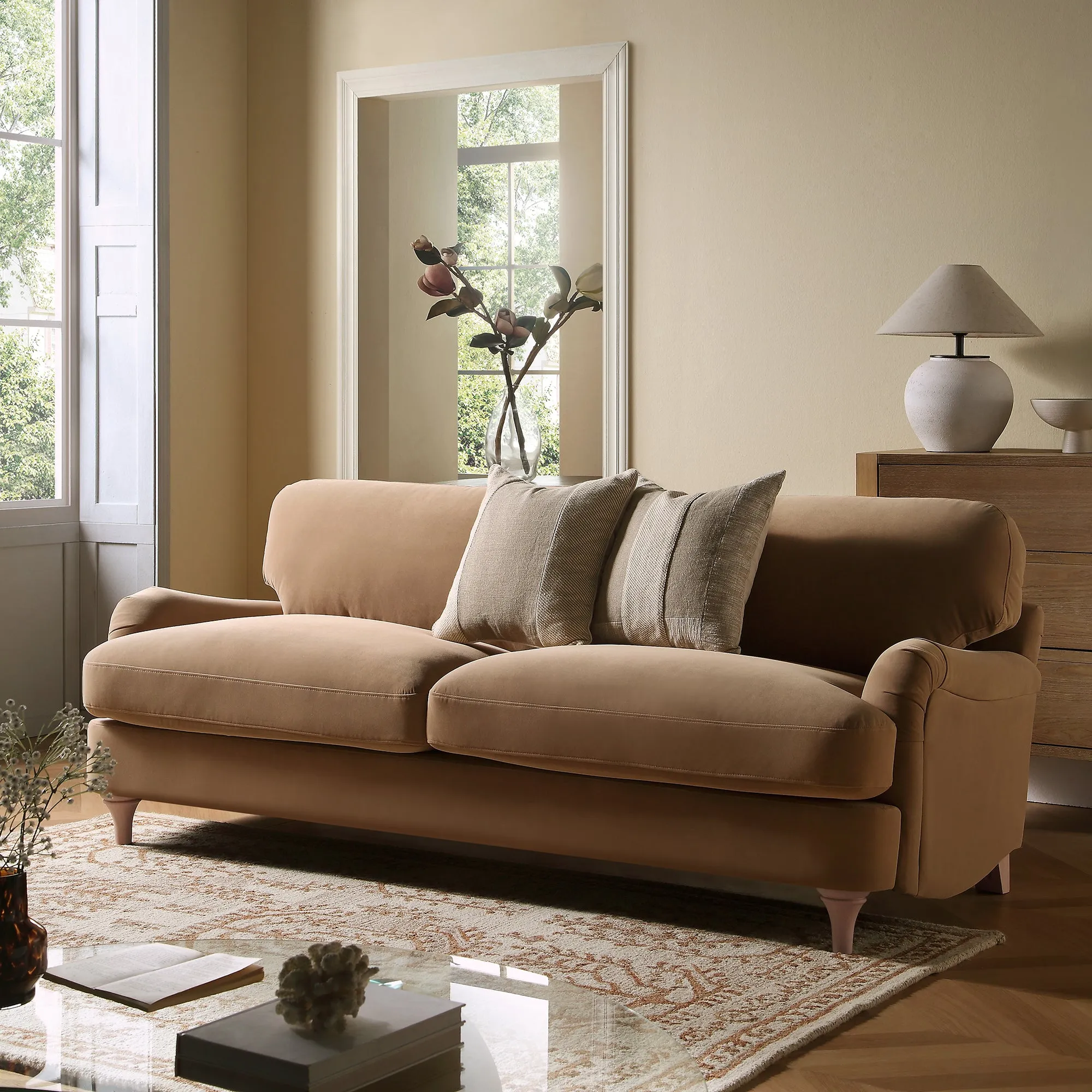 Daphnis Camel Velvet Sofa, 3-Seater