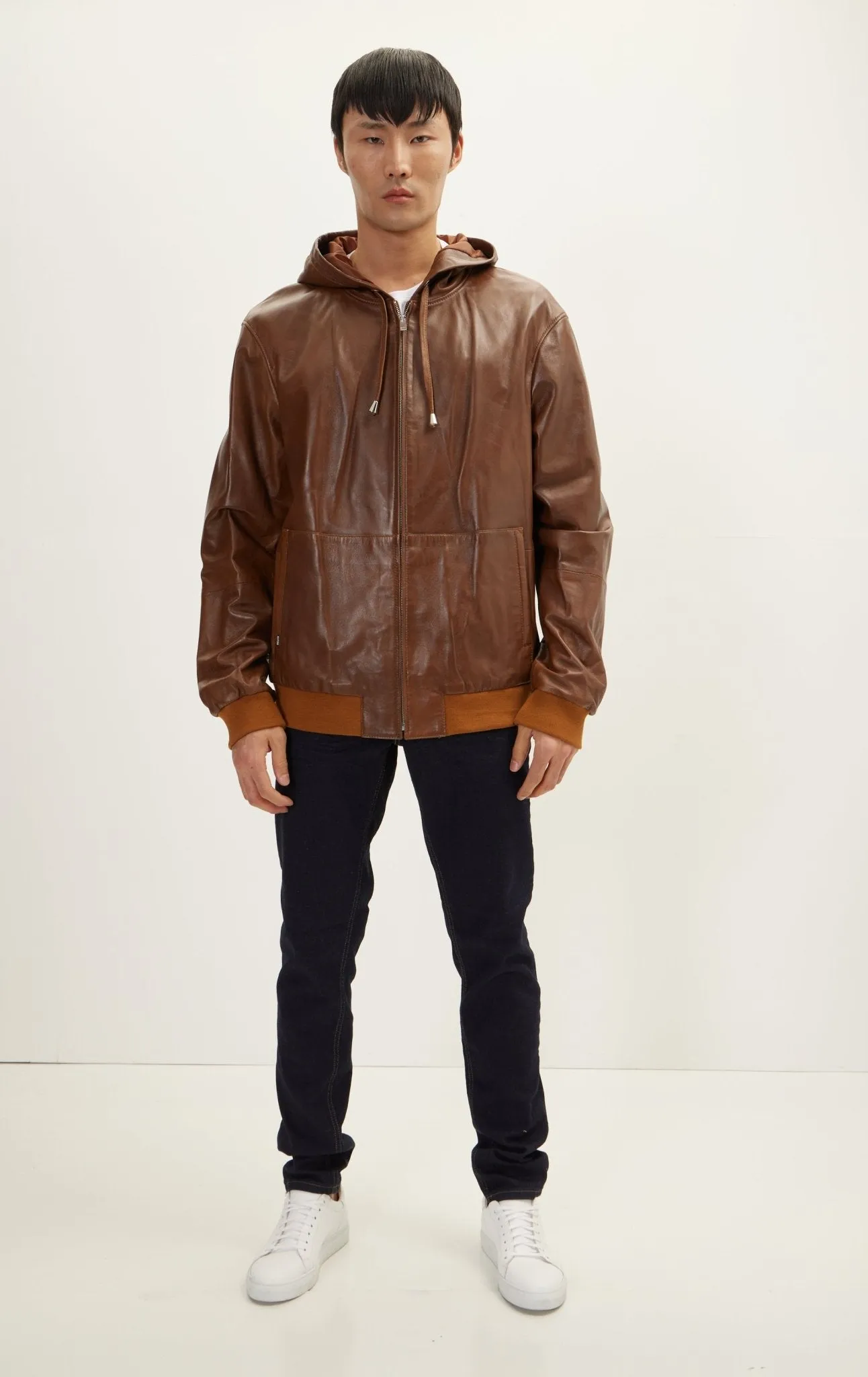 Genuine Leather Hooded Sweatshirt - Brown