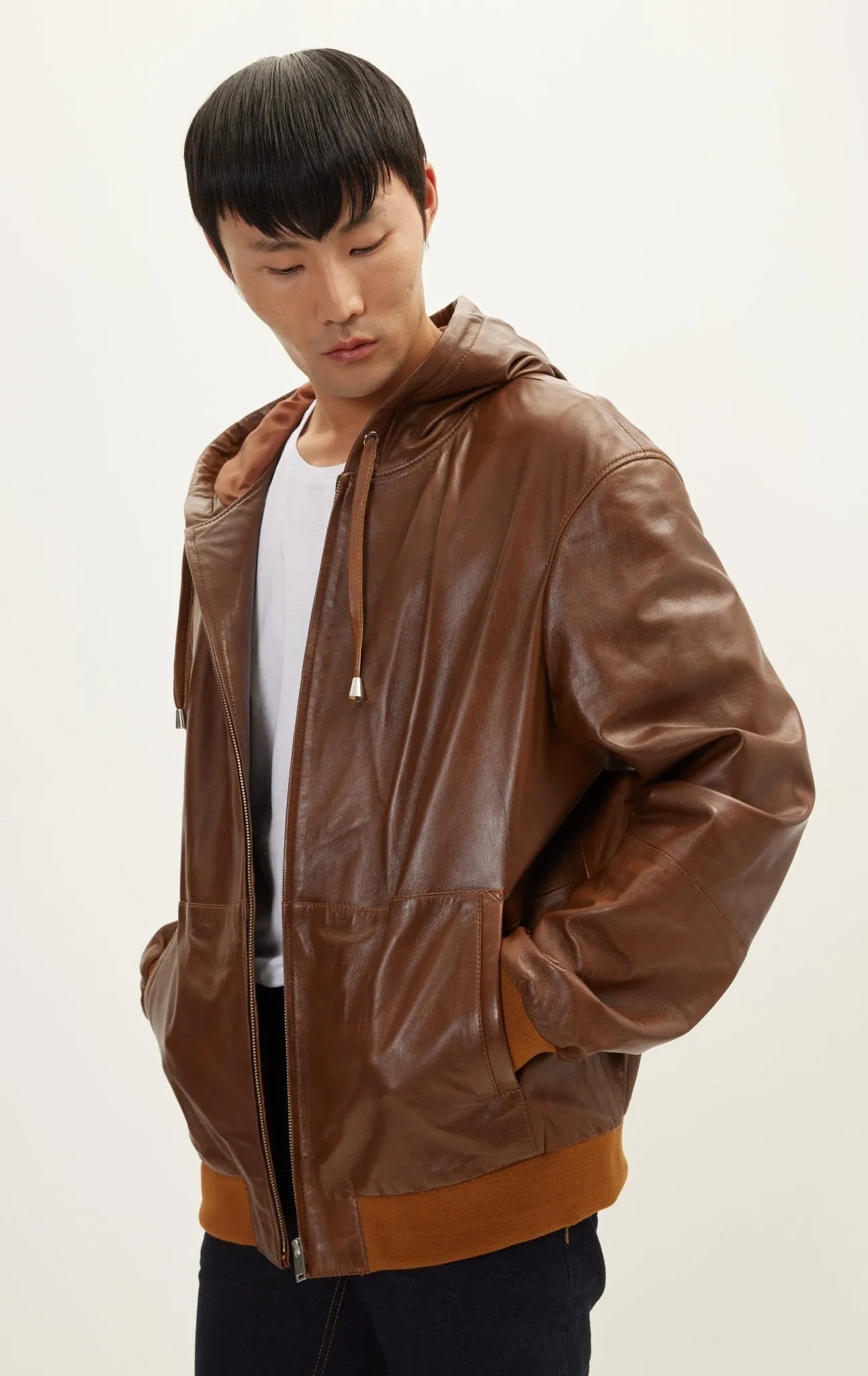 Genuine Leather Hooded Sweatshirt - Brown