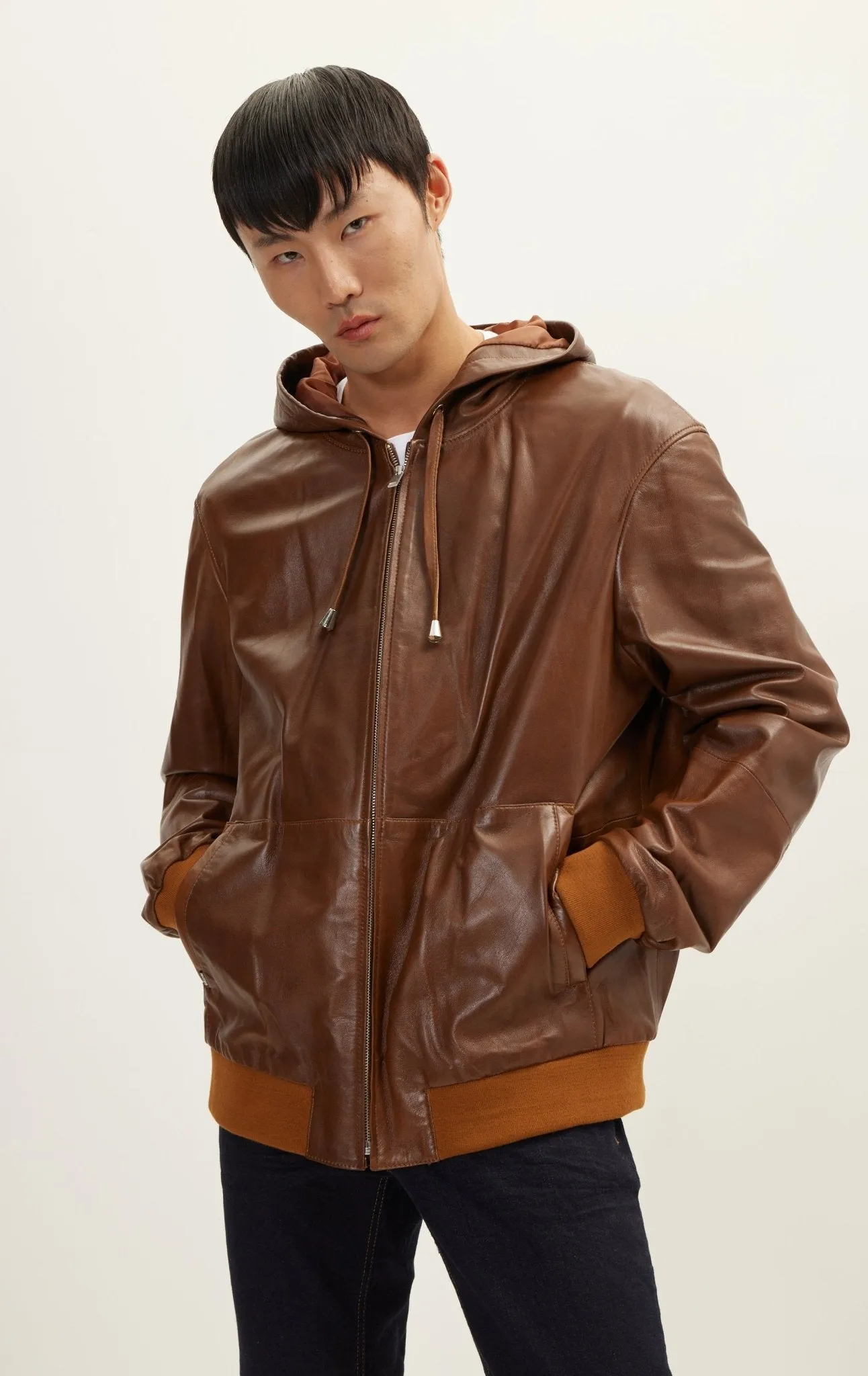 Genuine Leather Hooded Sweatshirt - Brown