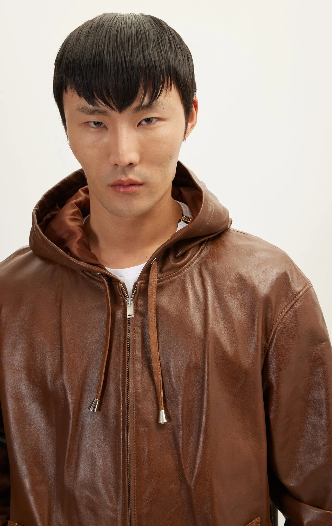 Genuine Leather Hooded Sweatshirt - Brown