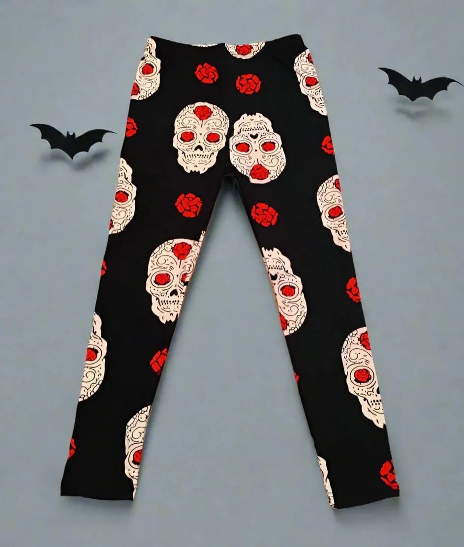 Girls Halloween Skull Rose Leggings, Kids Yoga Pants, Sizes S/L, No-Roll Waist, Black/White