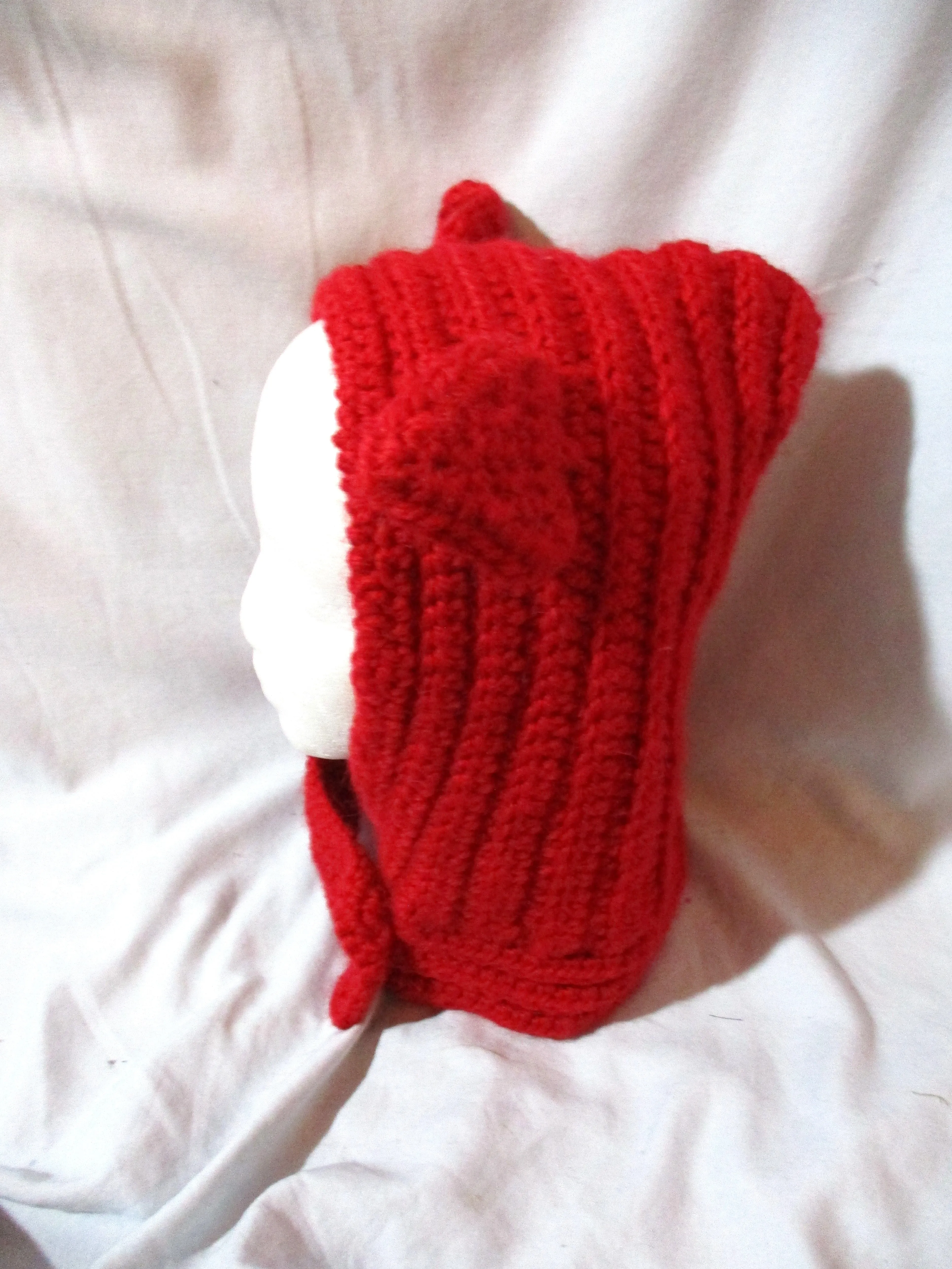 Handmade Hand Knit RED Kitty Cat EAR HOOD HAT Scarf Cosplay