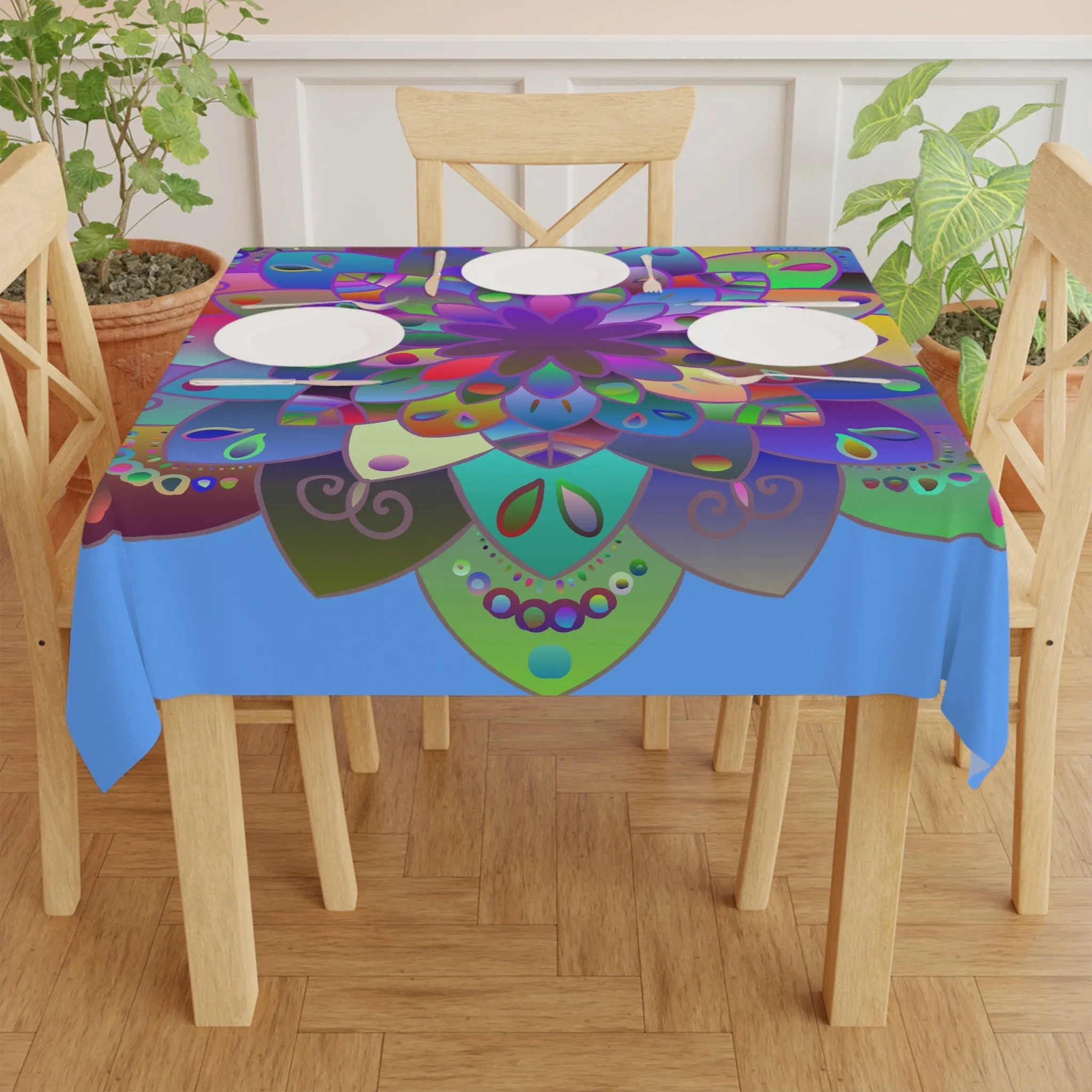 Handmade Mandala Art Light Blue Square Tablecloth