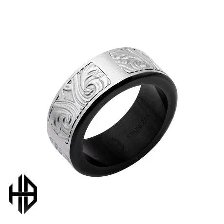 Hollis Bahringer Black IP Stainless Steel Bold Ornate Texture Ring-8mm