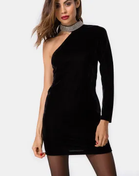 Kaido One Shoulder Bodycon Dress in Velvet Diamond Black