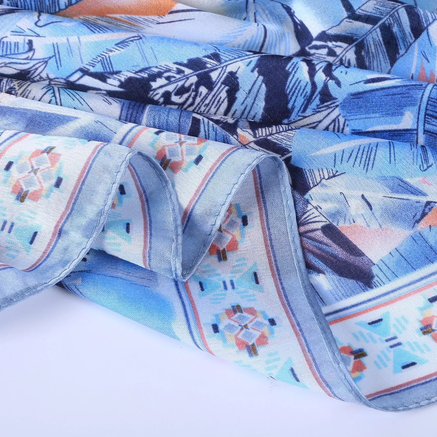 Long Silk Feel Satin Scarf Pink and Blue Theme Feathers Print LAT110