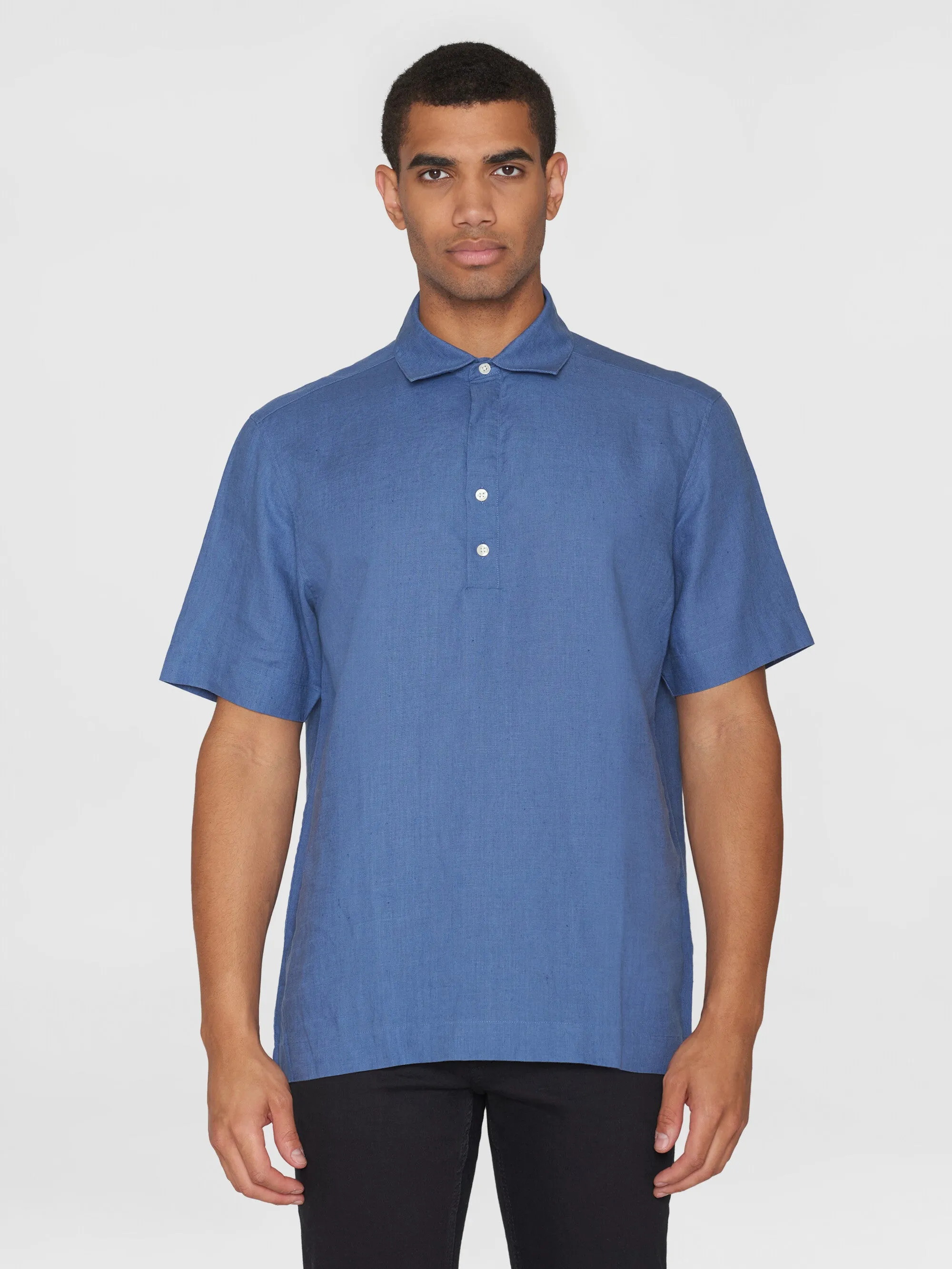 Loose short sleeve linen polo shirt - GOTS/Vegan - Moonlight Blue