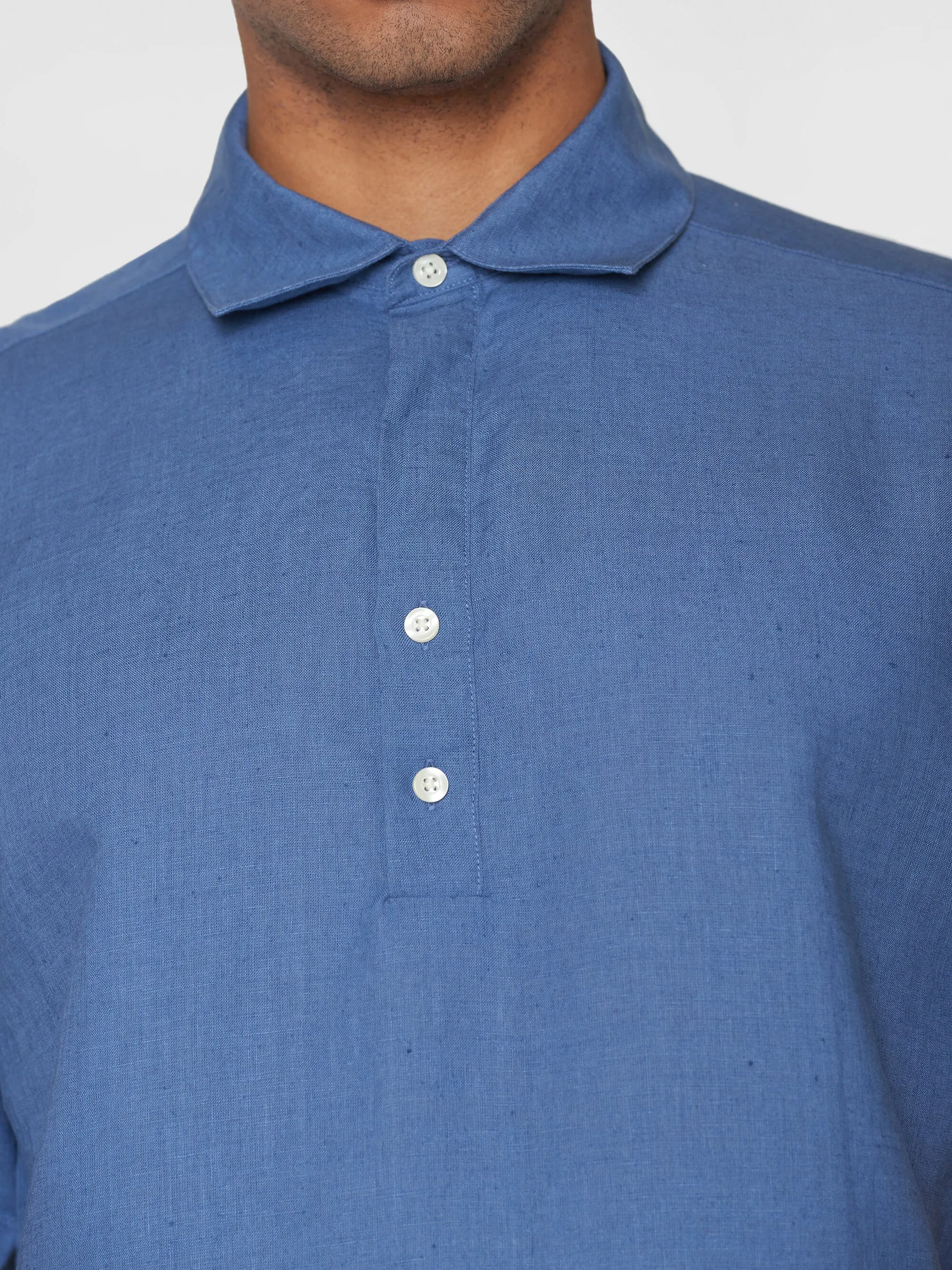 Loose short sleeve linen polo shirt - GOTS/Vegan - Moonlight Blue