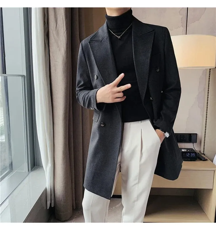 Luxury Stylish Men's High Quality Double-Breasted Woolen Slim Fit Long Business Suit Jacket