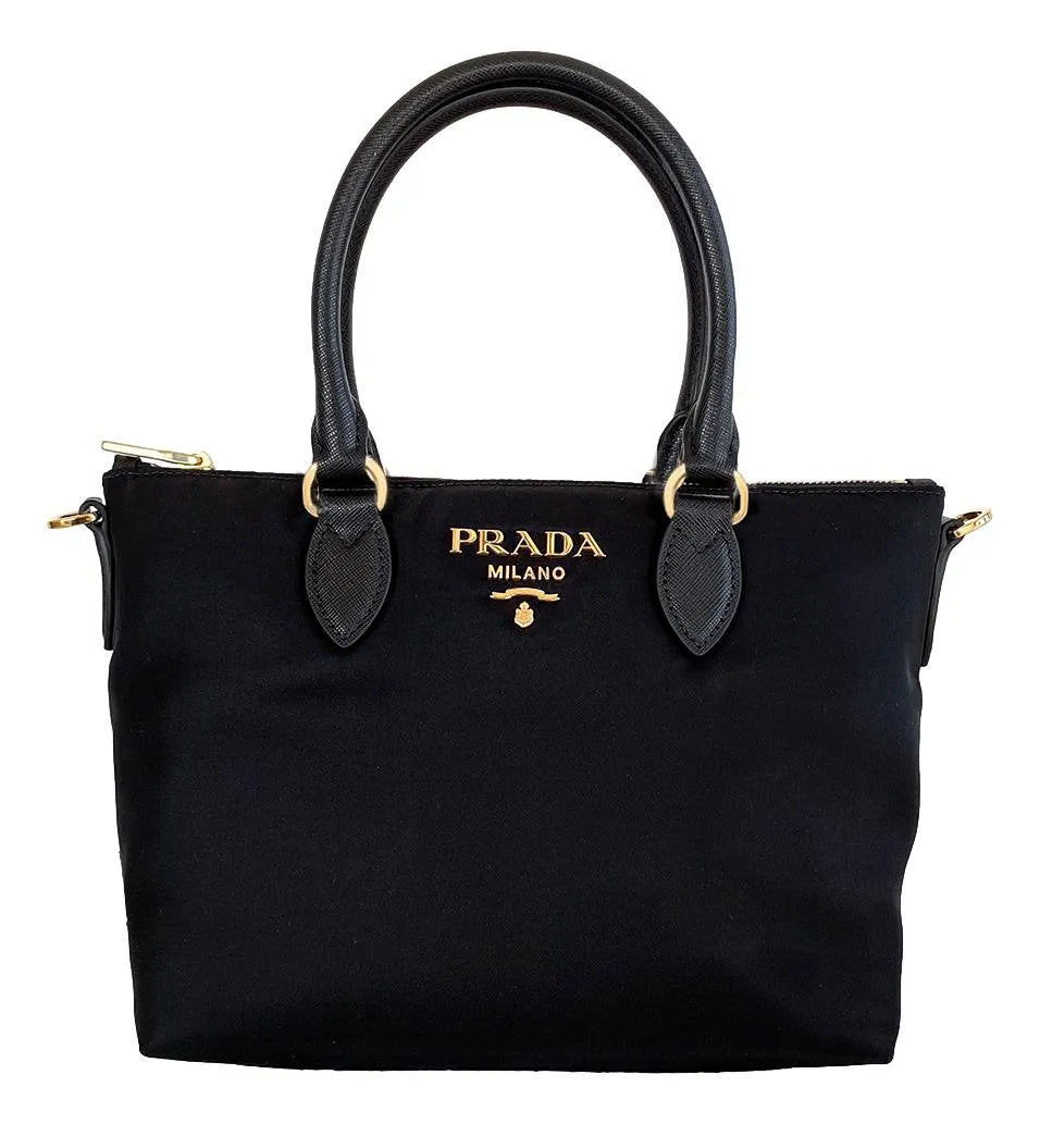 Prada Tessuto Nylon Black Saffiano Leather Trim Small Satchel 1BA275