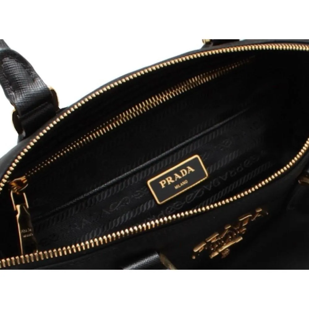 Prada Tessuto Nylon Black Saffiano Leather Trim Small Satchel 1BA275