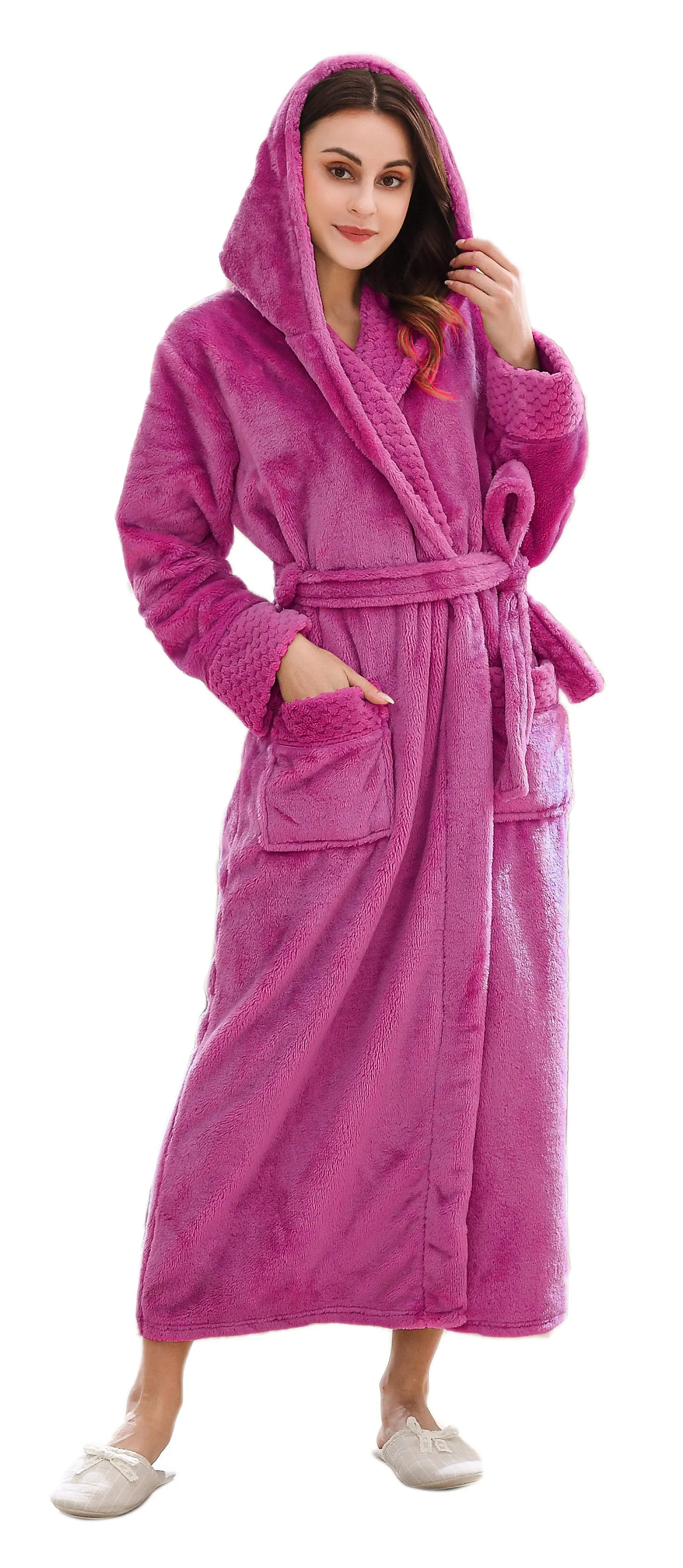 RH Robe Womens Long Hooded Bathrobe Plush Fleece Winter Sleepwear S-XL RHWN2233