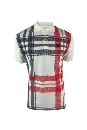 Trojan Records Men's TR8868 SS Oversize Check Panel Polo Shirt Ecru