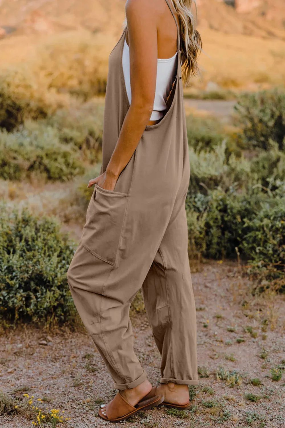 Vanessa V-Neck Sleeveless Jumpsuit with Pockets in Neutrals