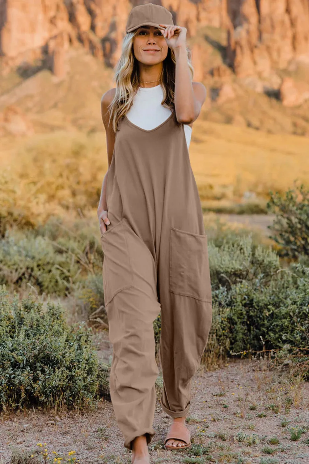 Vanessa V-Neck Sleeveless Jumpsuit with Pockets in Neutrals