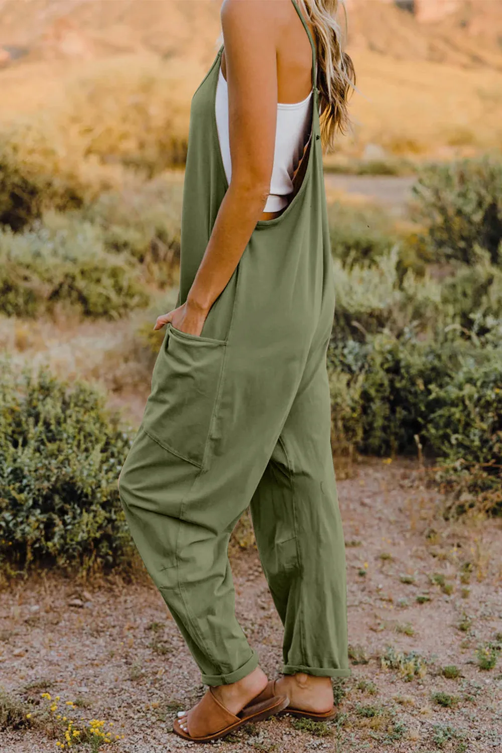 Vanessa V-Neck Sleeveless Jumpsuit with Pockets in Neutrals