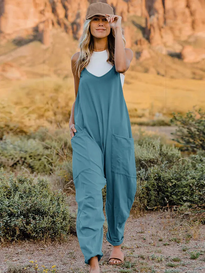 Vanessa V-Neck Sleeveless Jumpsuit with Pockets in Neutrals