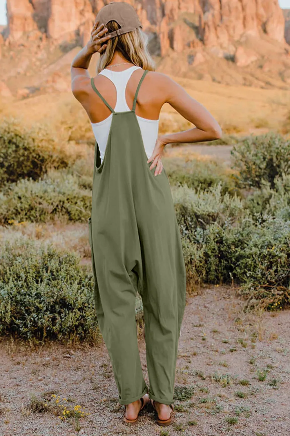 Vanessa V-Neck Sleeveless Jumpsuit with Pockets in Neutrals