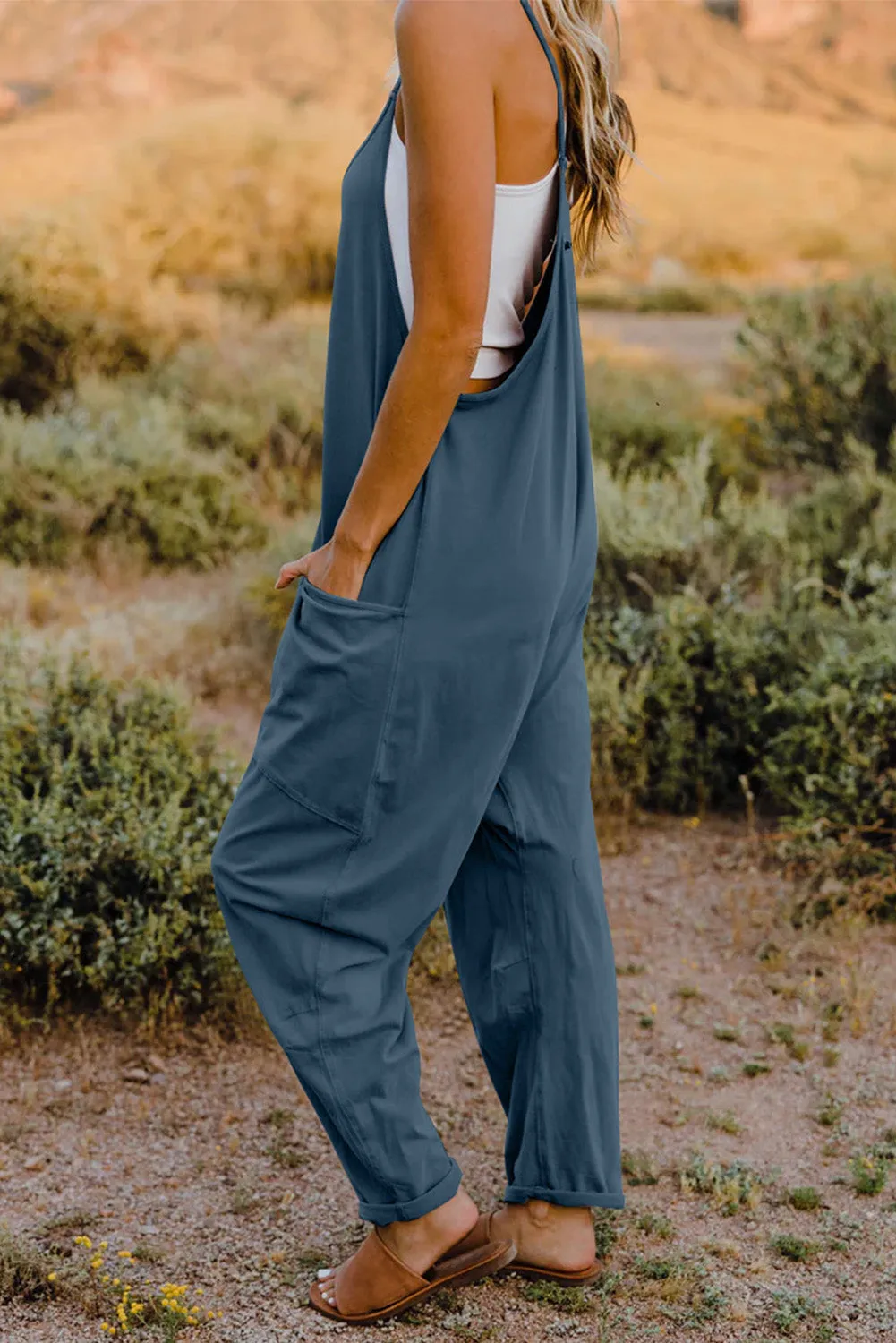 Vanessa V-Neck Sleeveless Jumpsuit with Pockets in Neutrals