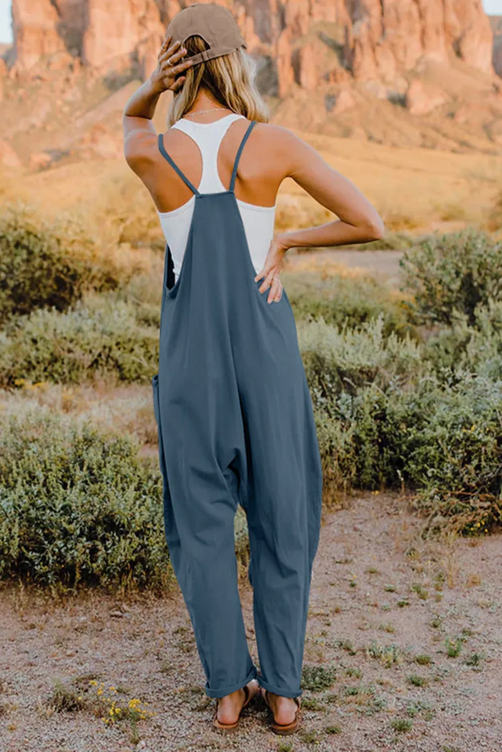 Vanessa V-Neck Sleeveless Jumpsuit with Pockets in Neutrals