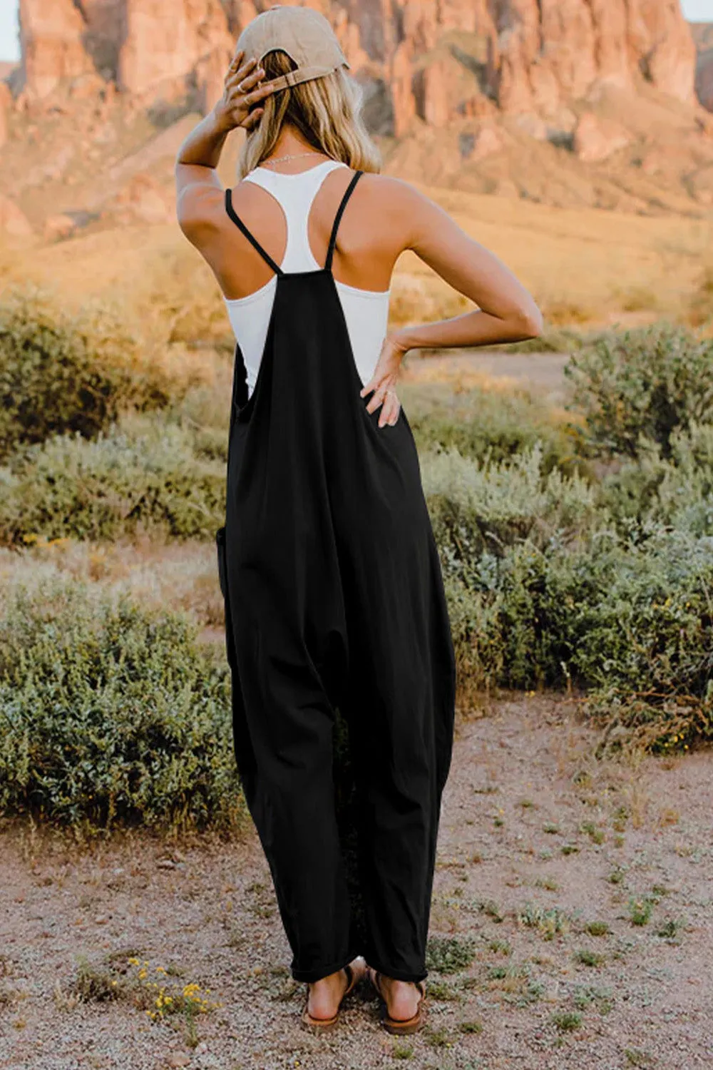 Vanessa V-Neck Sleeveless Jumpsuit with Pockets in Neutrals