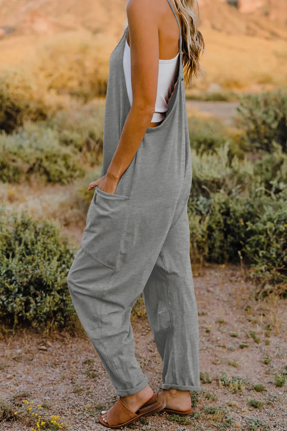 Vanessa V-Neck Sleeveless Jumpsuit with Pockets in Neutrals