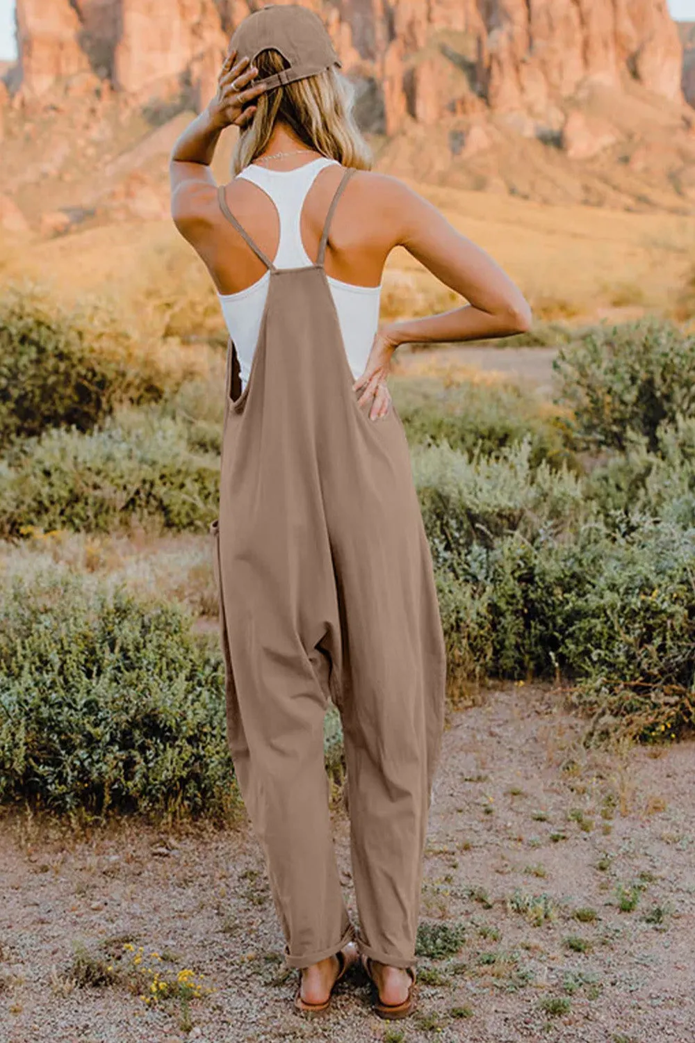 Vanessa V-Neck Sleeveless Jumpsuit with Pockets in Neutrals