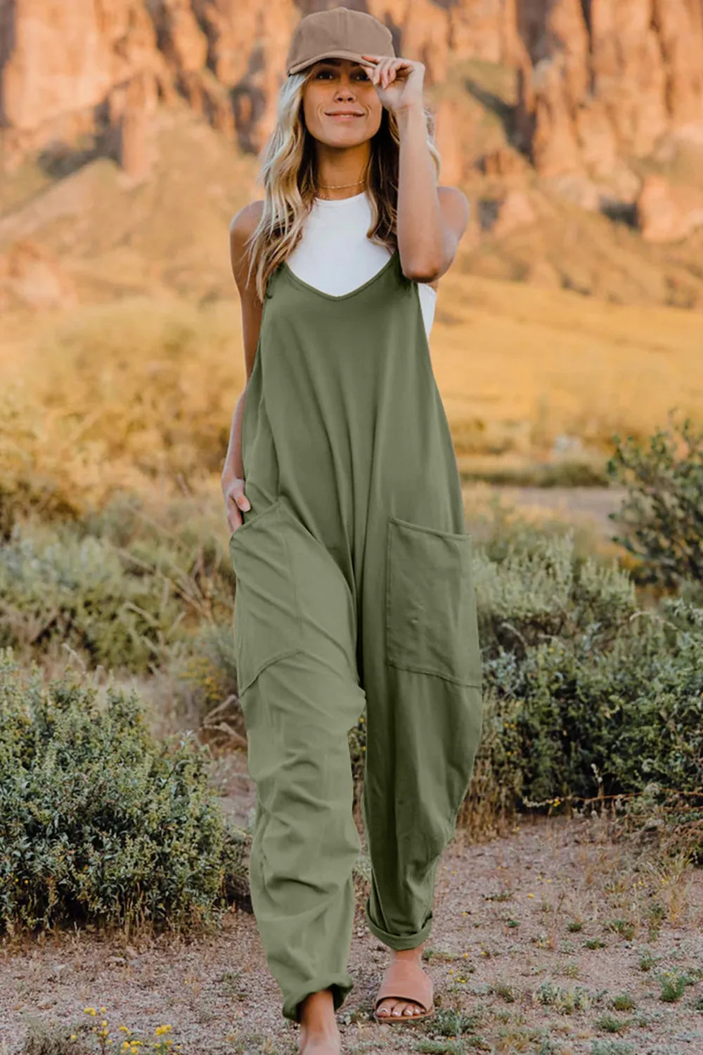 Vanessa V-Neck Sleeveless Jumpsuit with Pockets in Neutrals