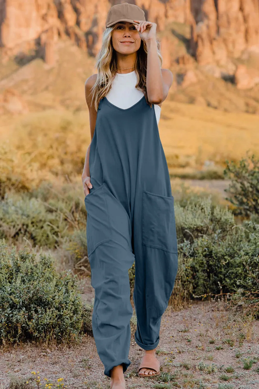 Vanessa V-Neck Sleeveless Jumpsuit with Pockets in Neutrals