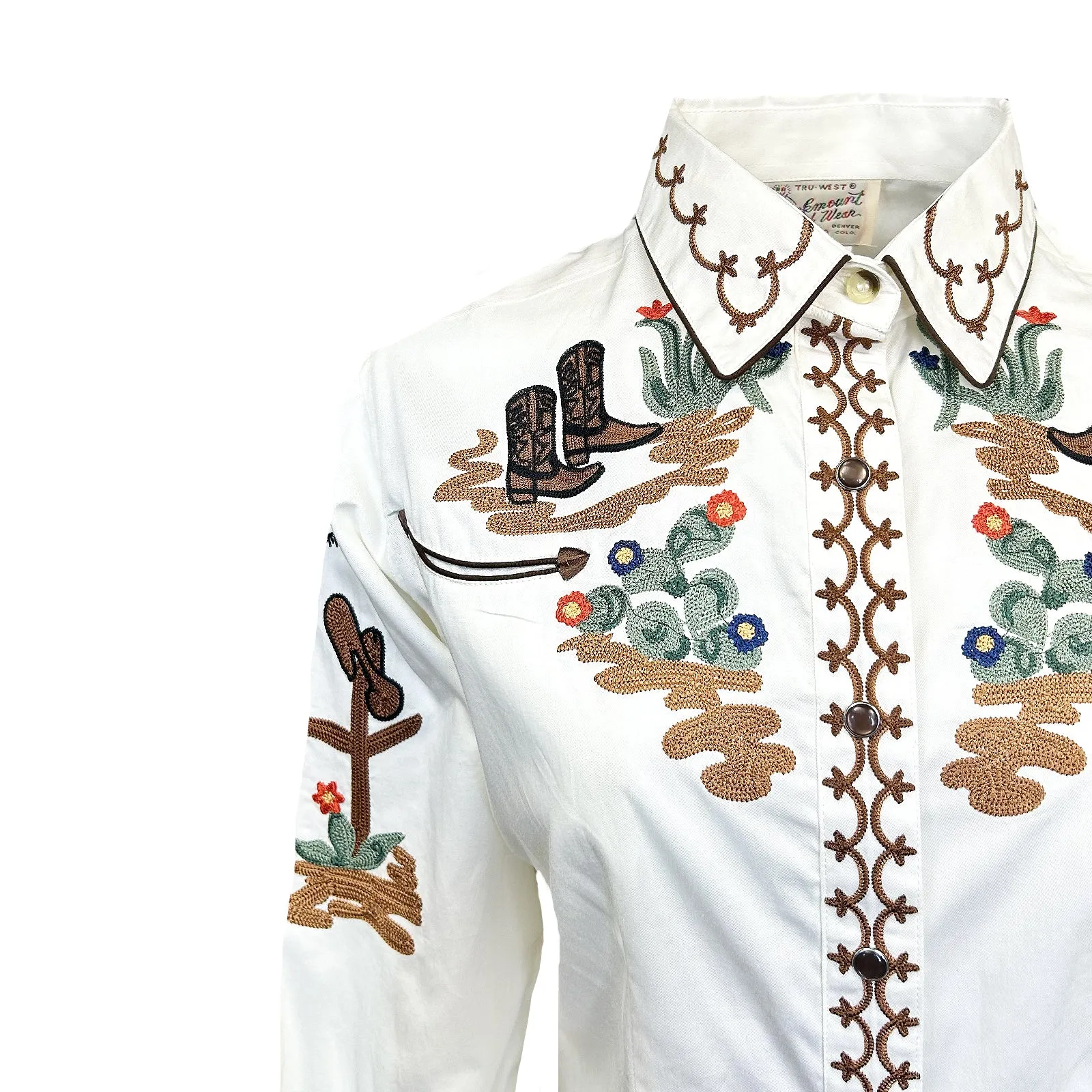 Women's Vintage Cactus & Cowgirl Boots Embroidered Western Shirt in Ivory