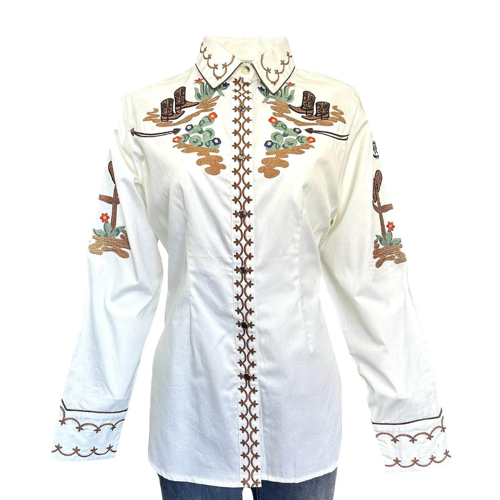 Women's Vintage Cactus & Cowgirl Boots Embroidered Western Shirt in Ivory